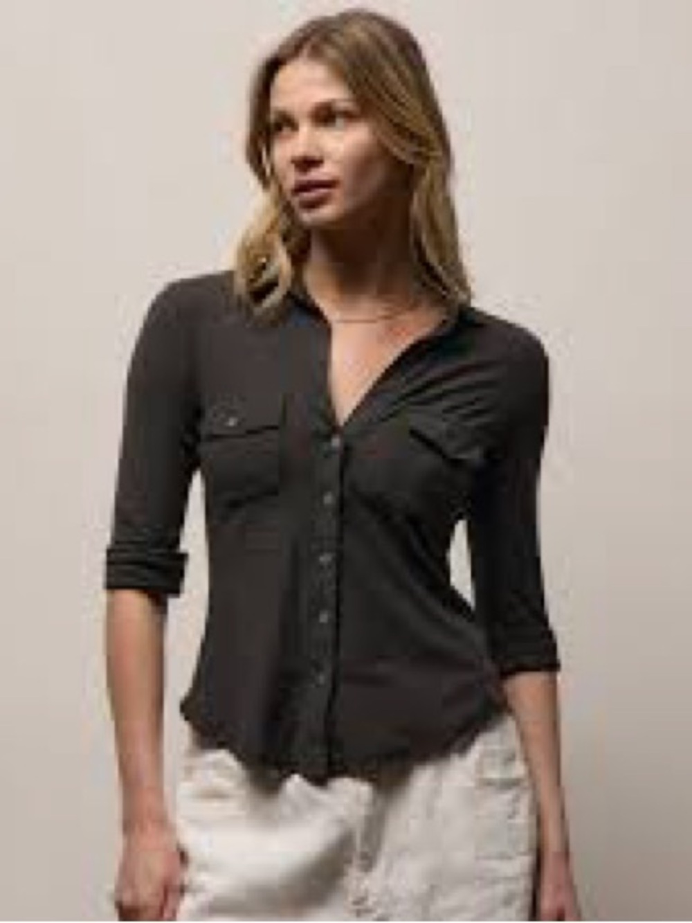 Standard James Perse Womens Black Cotton Collared Button-Up 3/4 Sleeve Size 4